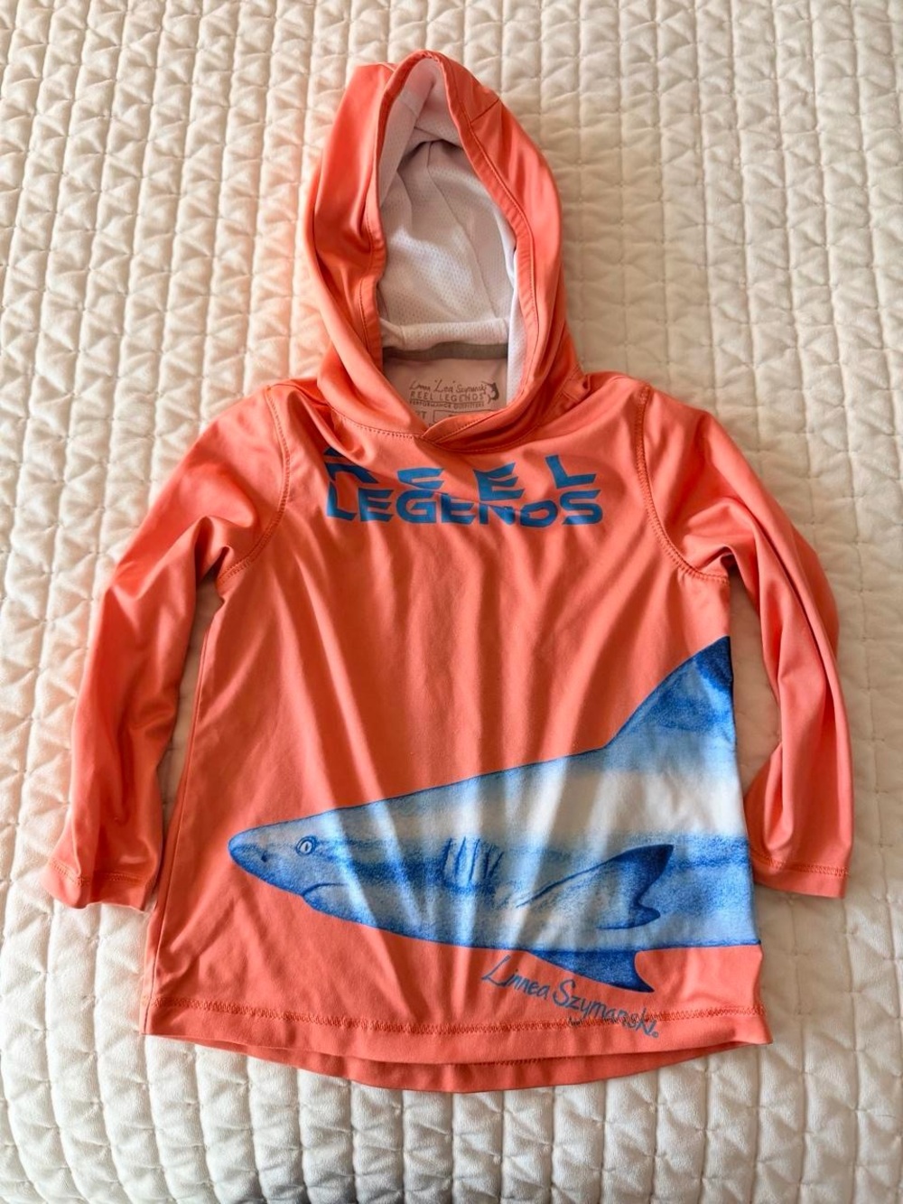 Reel Legends Coral Hooded Rash Guard with Blue Shark Graphic